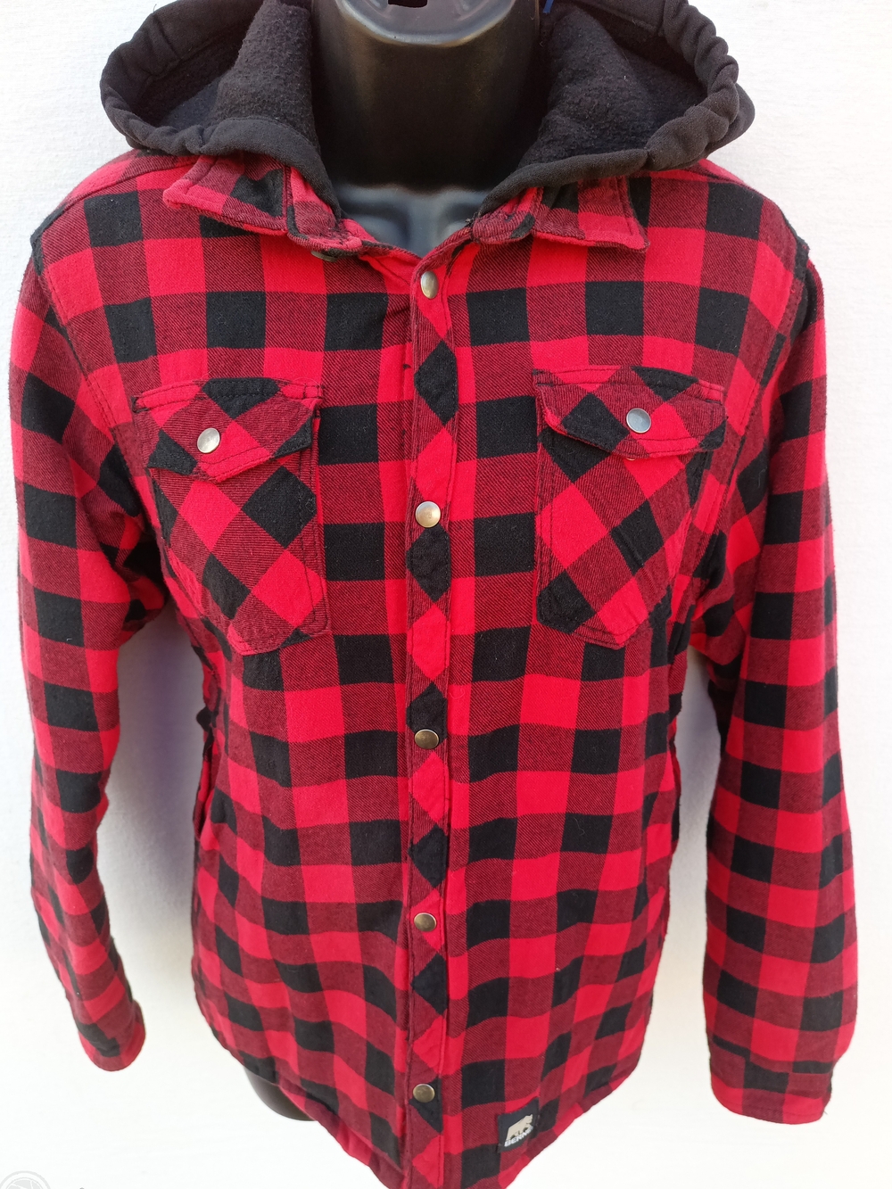Kids XL Red & Black Plaid Hooded Snap Front Jacket W Large Fish Back Graphic